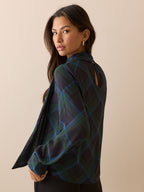 Blue and Green Tartan Tie Neck Blouse