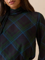 Blue and Green Tartan Tie Neck Blouse