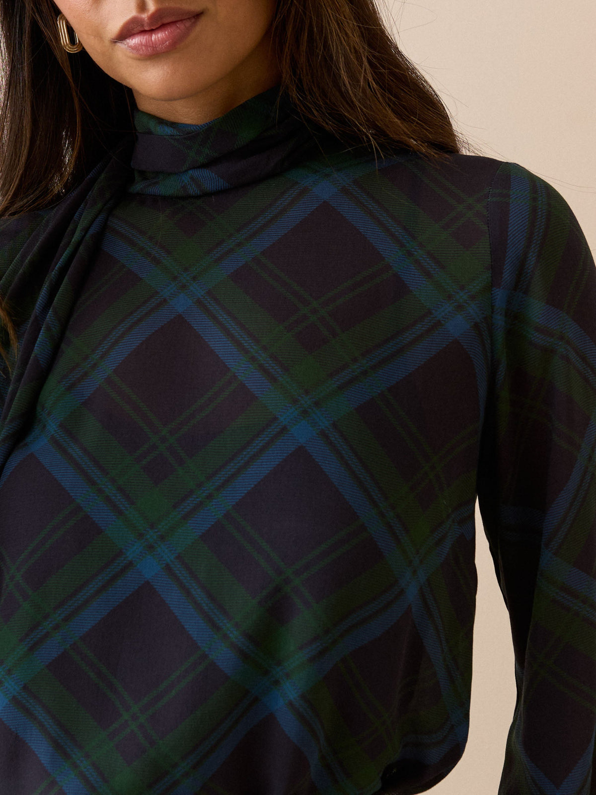 Blue and Green Tartan Tie Neck Blouse