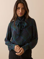 Blue and Green Tartan Tie Neck Blouse