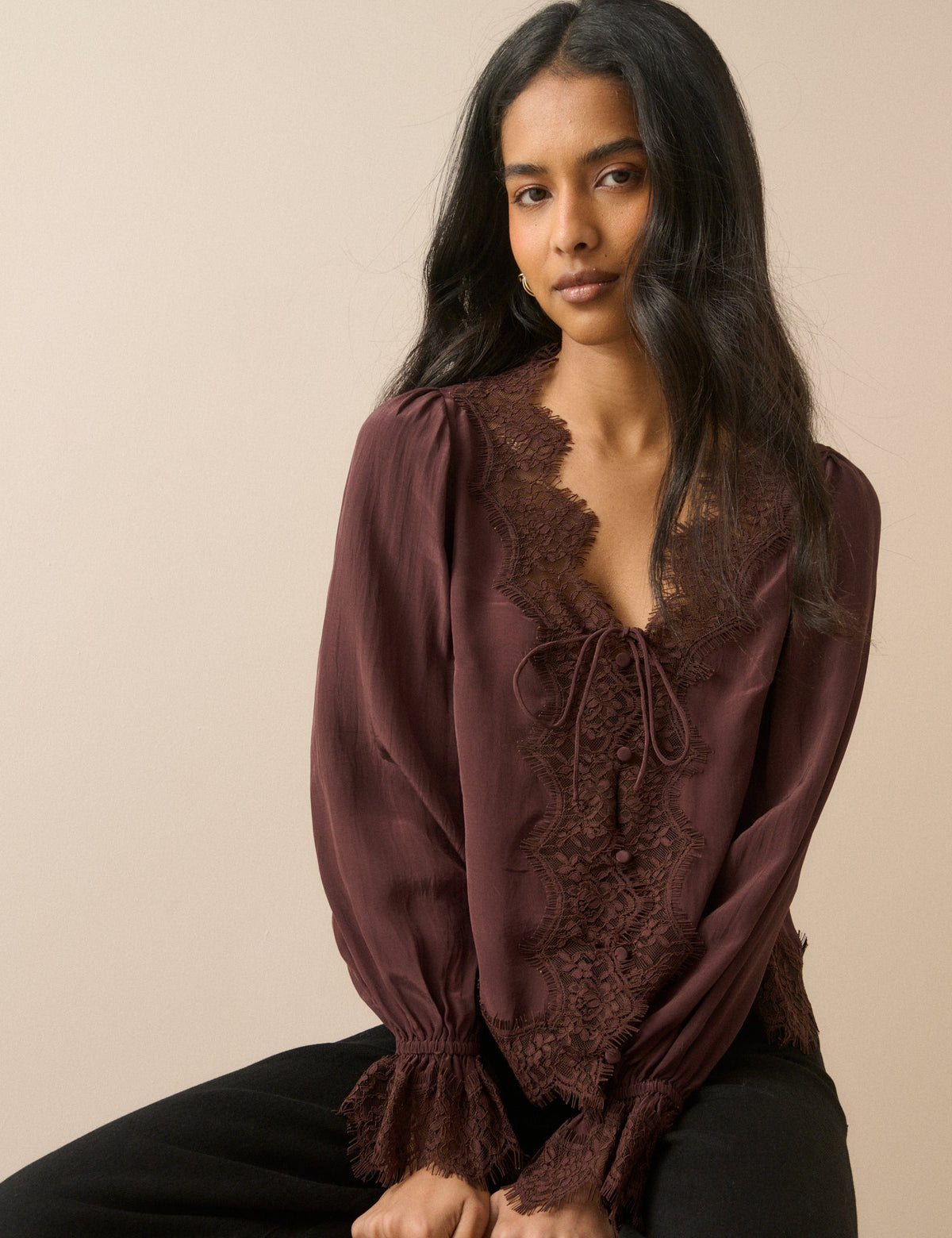 Chocolate Brown Satin Lace Trim Wilde Blouse