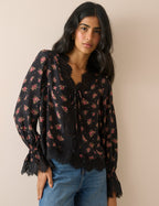 Black Floral Lace Trim Satin Blouse