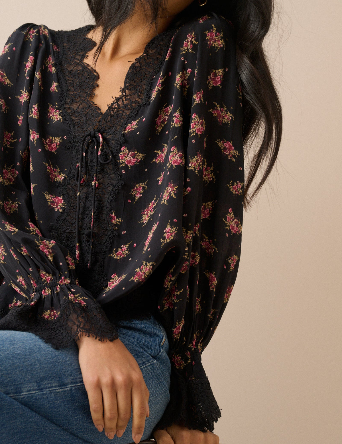 Black Floral Lace Trim Satin Blouse