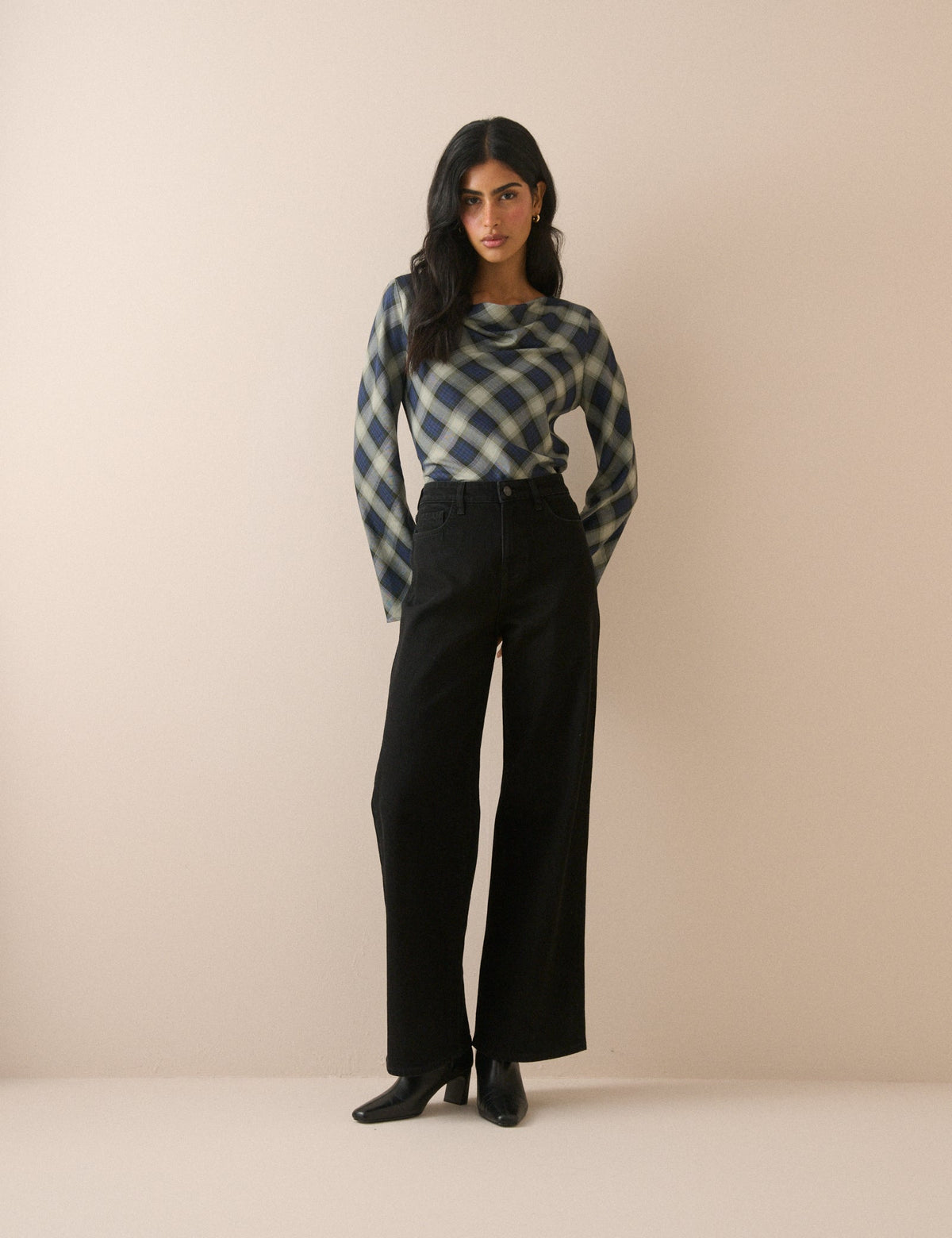 Navy Check Cowl Neck Top