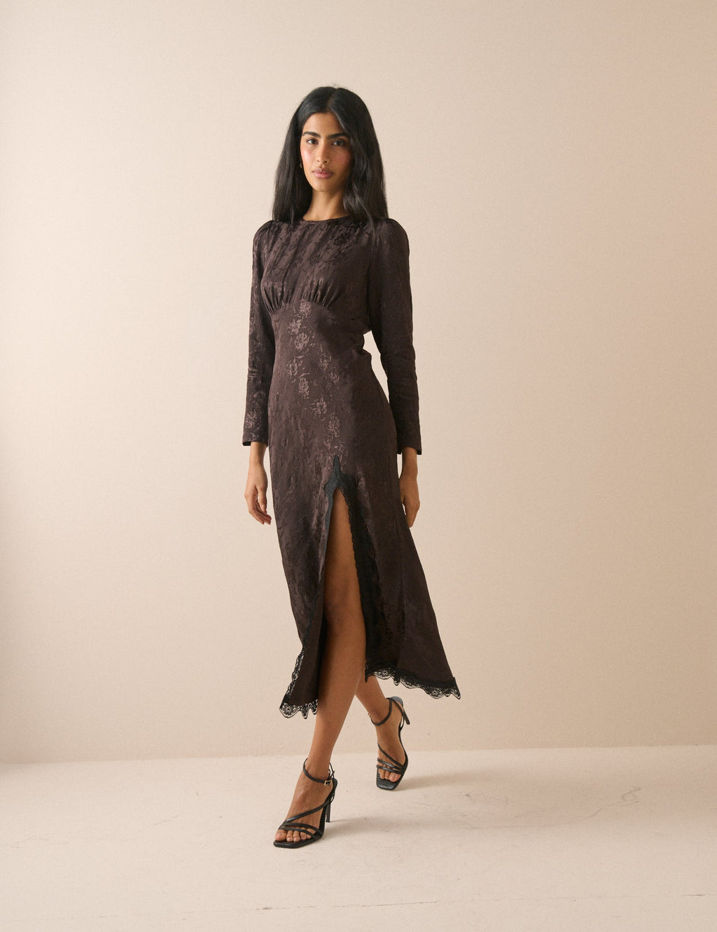 Brown Jacquard Floral Satin Jamie Midi Dress