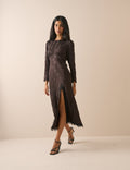 Brown Jacquard Floral Satin Jamie Midi Dress