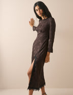 Brown Jacquard Floral Satin Jamie Midi Dress