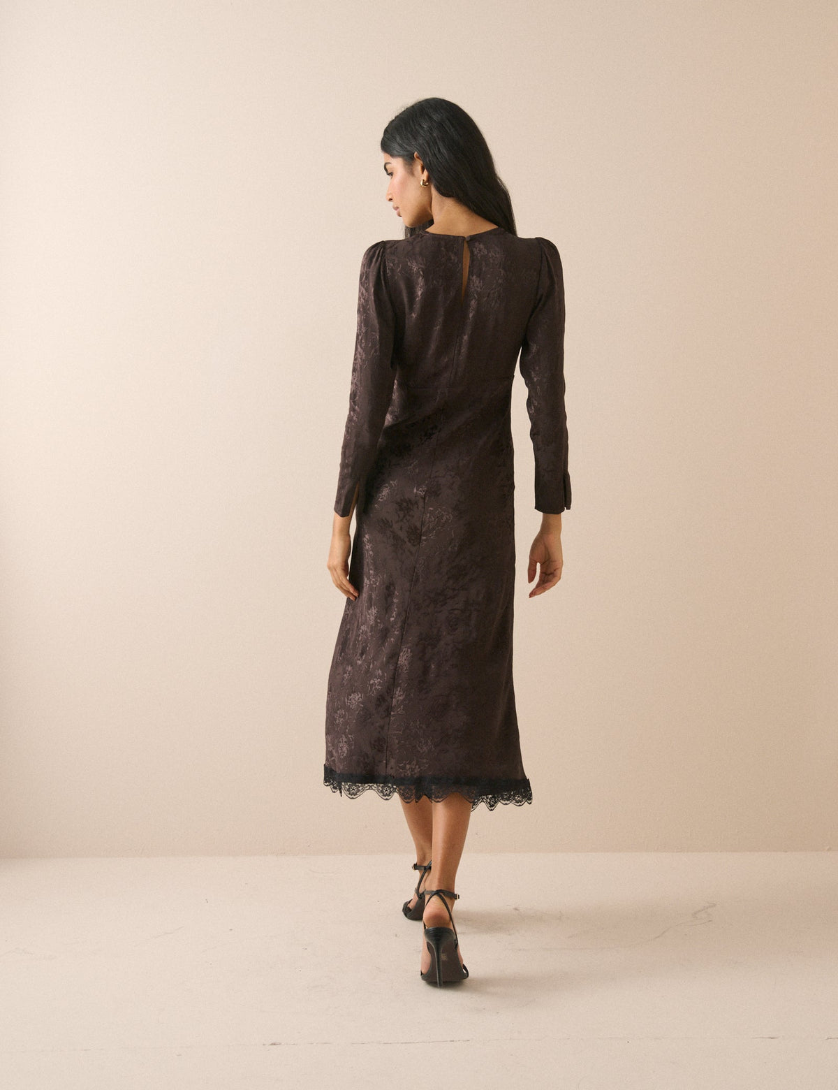 Brown Jacquard Floral Satin Jamie Midi Dress