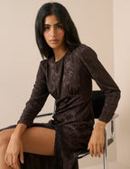 Brown Jacquard Floral Satin Jamie Midi Dress