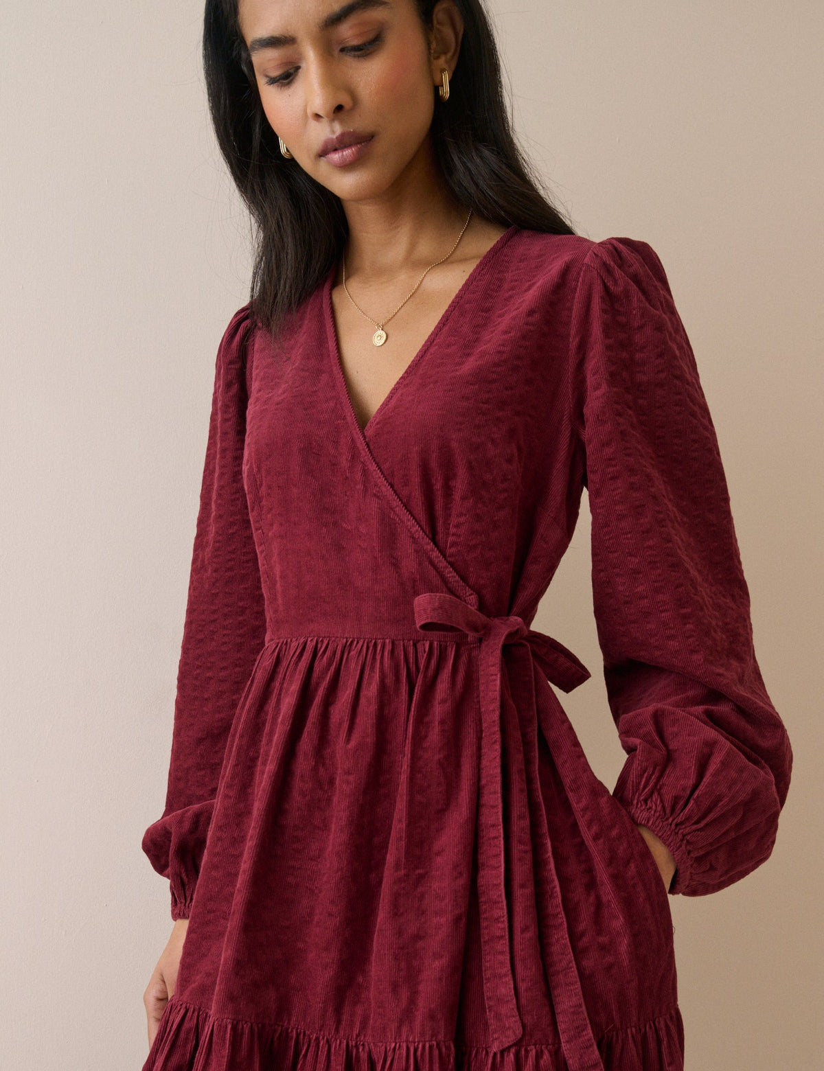 Burgundy Wrap Cord Julia Midi Dress