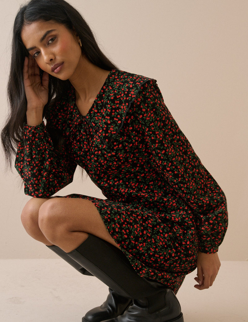Black and Red Ditsy Cherry Hannah Cord Mini Dress