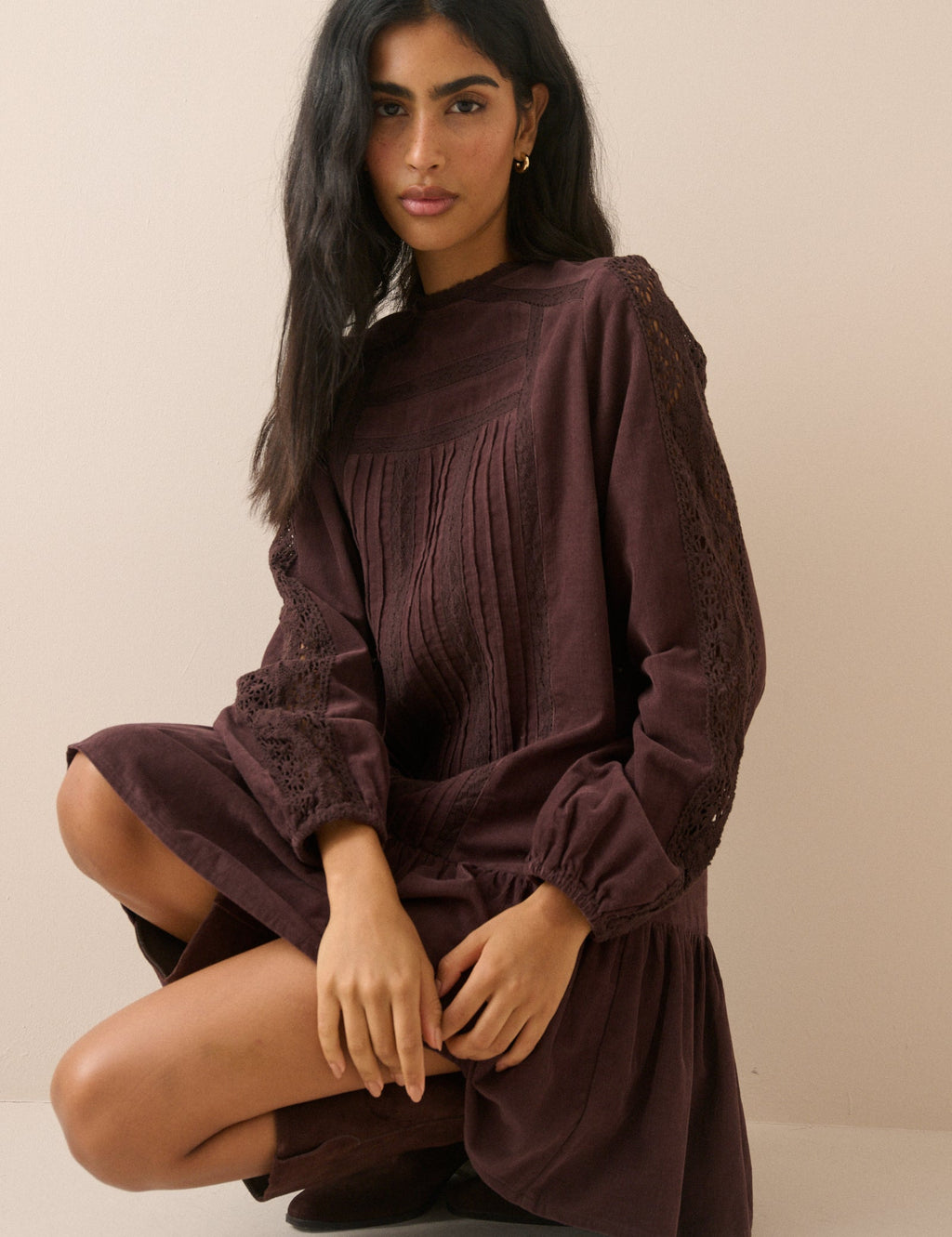 Brown Long Sleeve Cord Denise Mini Dress