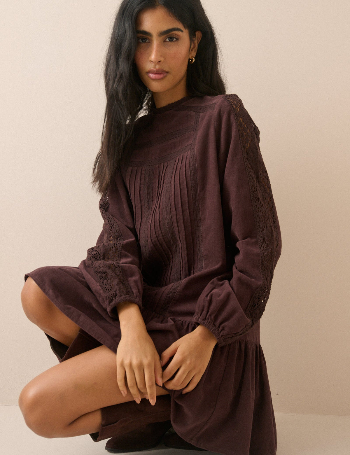 Brown Long Sleeve Cord Denise Mini Dress