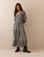 Cream and Brown Check Shirred Ruby Midi Dress
