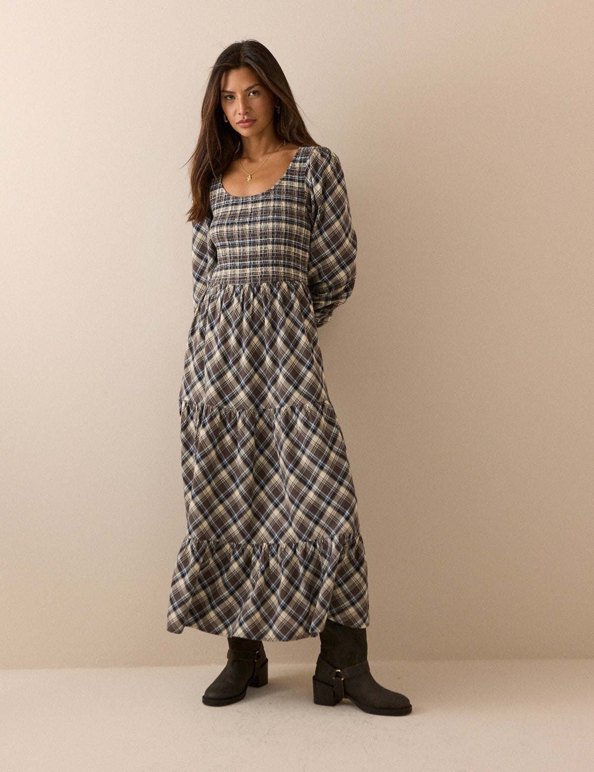 Cream and Brown Check Shirred Ruby Midi Dress