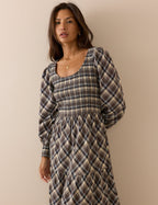 Cream and Brown Check Shirred Ruby Midi Dress