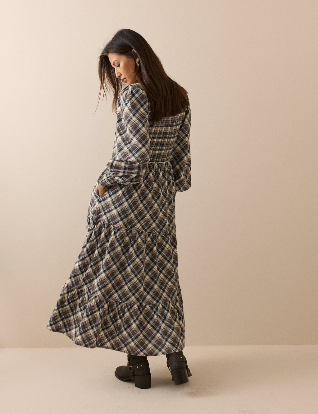 Cream and Brown Check Shirred Ruby Midi Dress
