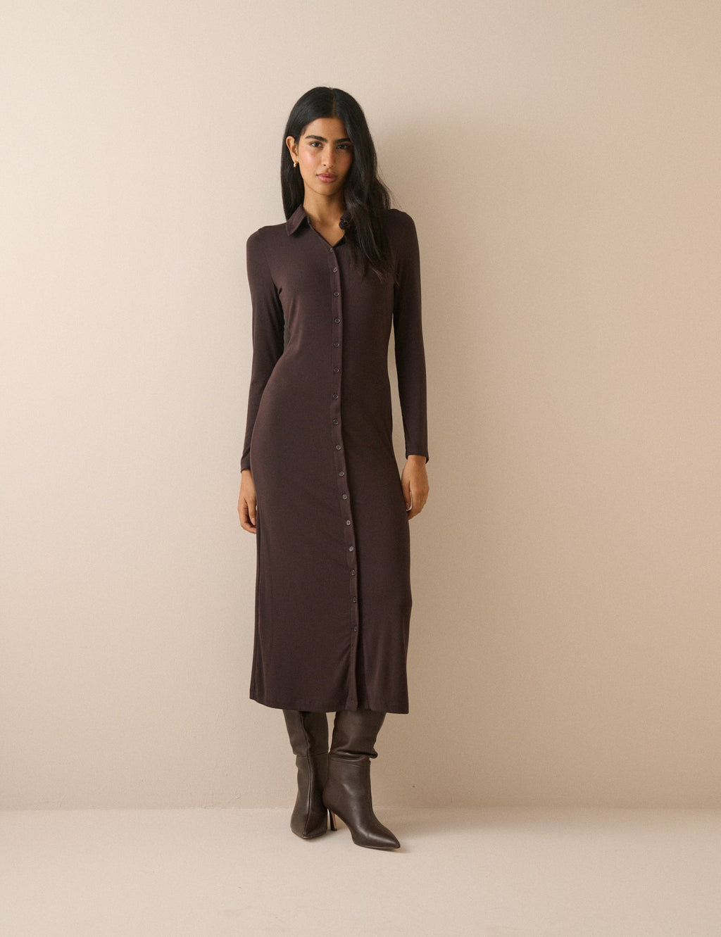 Chocolate Brown Modal-Rich Button Front Midi Dress
