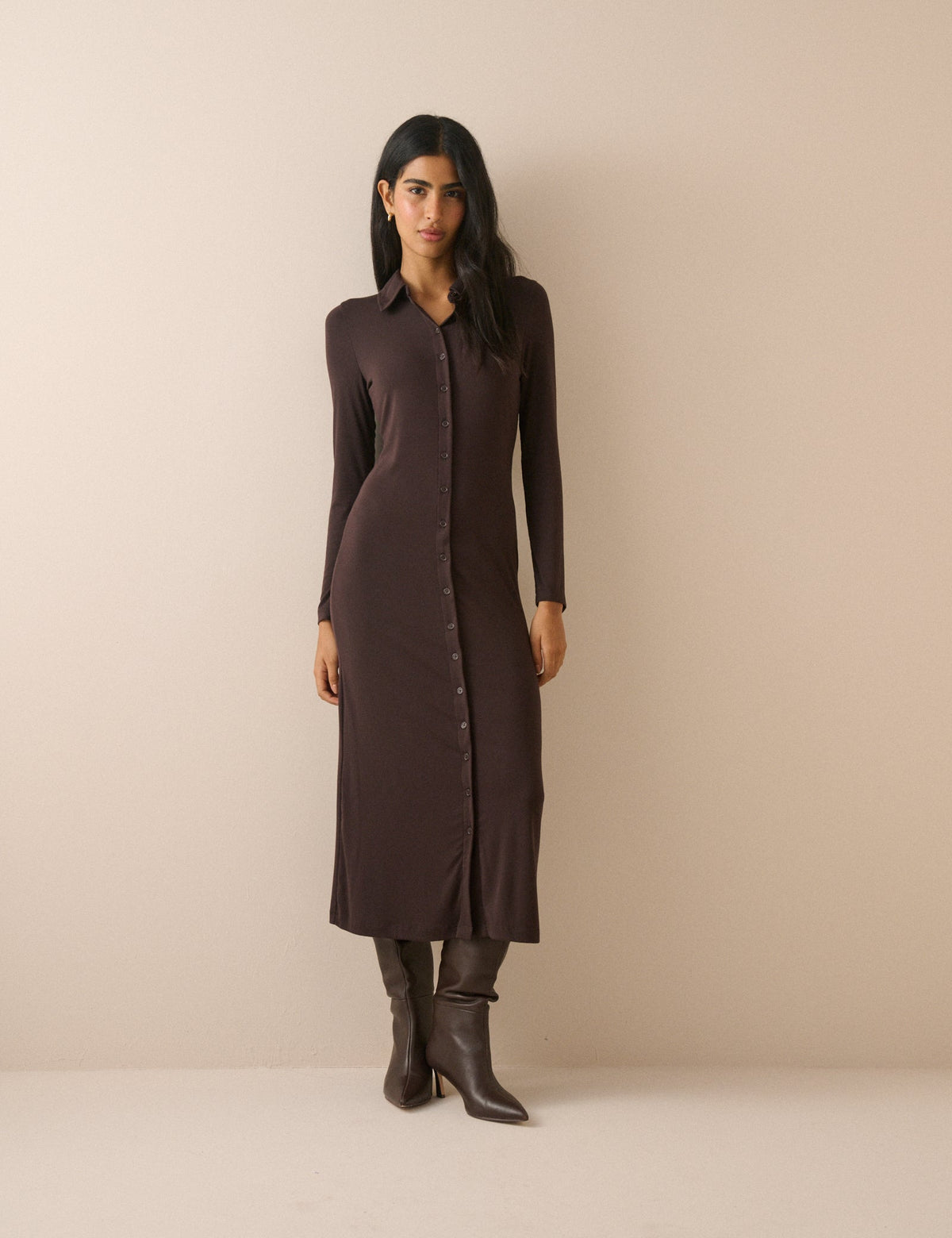 Chocolate Brown Modal-Rich Button Front Midi Dress