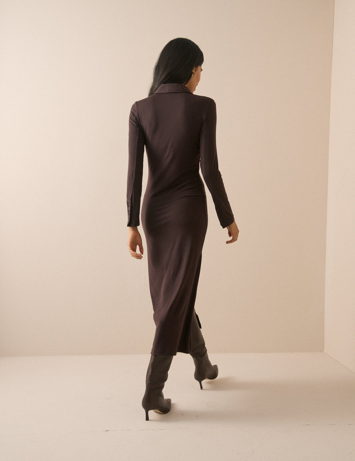 Chocolate Brown Modal-Rich Button Front Midi Dress