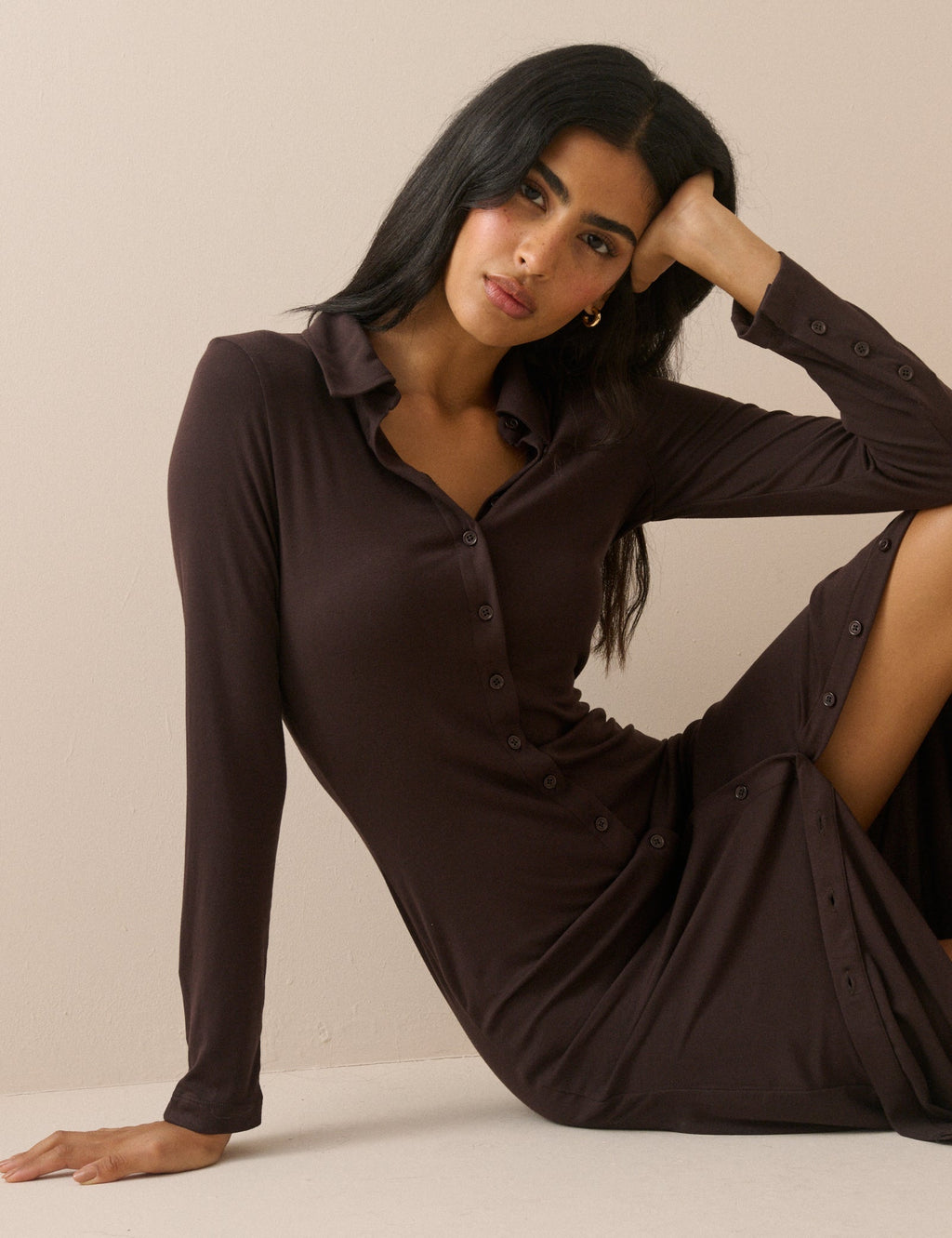 Chocolate Brown Modal-Rich Button Front Midi Dress