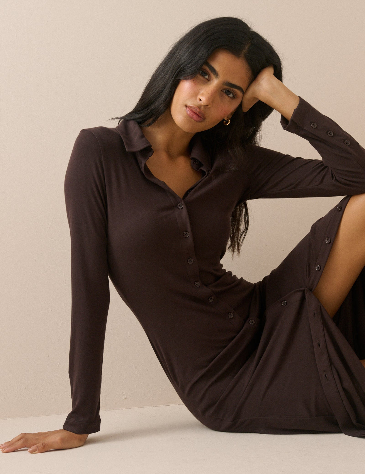 Chocolate Brown Modal-Rich Button Front Midi Dress