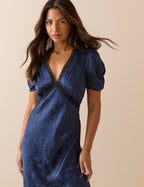 Navy Jacquard Floral Satin Nicolette Midi Dress