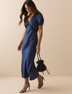Navy Jacquard Floral Satin Nicolette Midi Dress