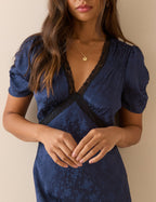 Navy Jacquard Floral Satin Nicolette Midi Dress