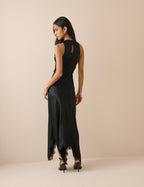 Black Asymmetrical Hem Satin Marta Maxi Dress