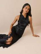 Black Asymmetrical Hem Satin Marta Maxi Dress