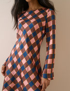 Brown and Pink Check Satin Romy Mini Dress