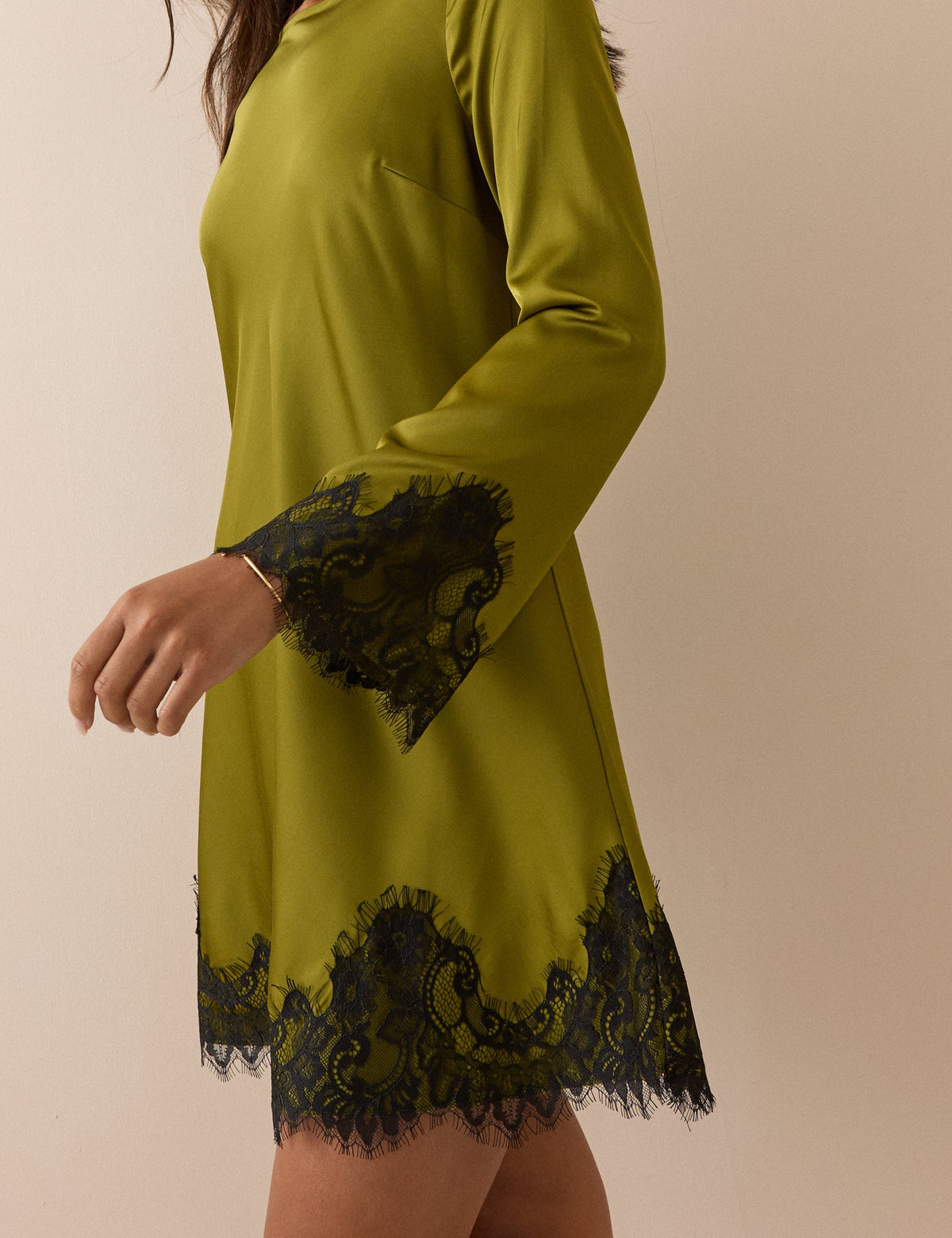 Olive Green Lace Trim Satin Kamari Mini Dress