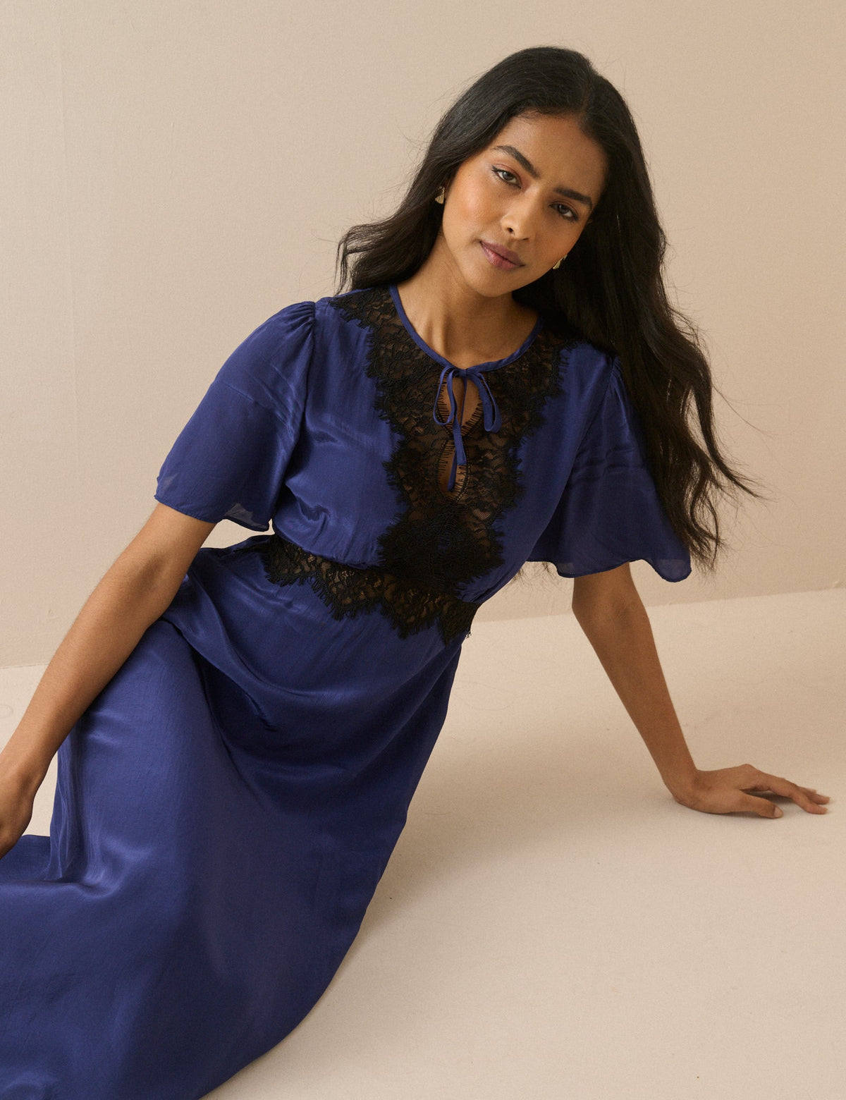 Navy Lace Trim Wynne Midi Dress