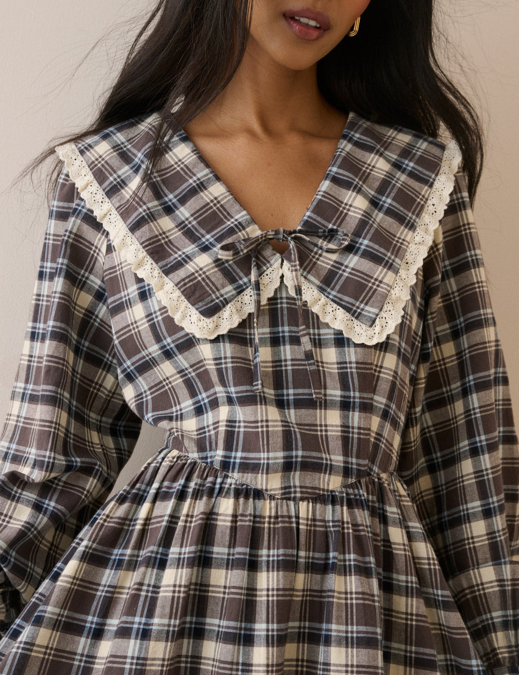 Brown Tartan Oversized Collared Kia Mini Dress