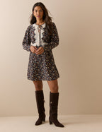 Navy Ditsy Floral Lace Trim Priscilla Mini Dress