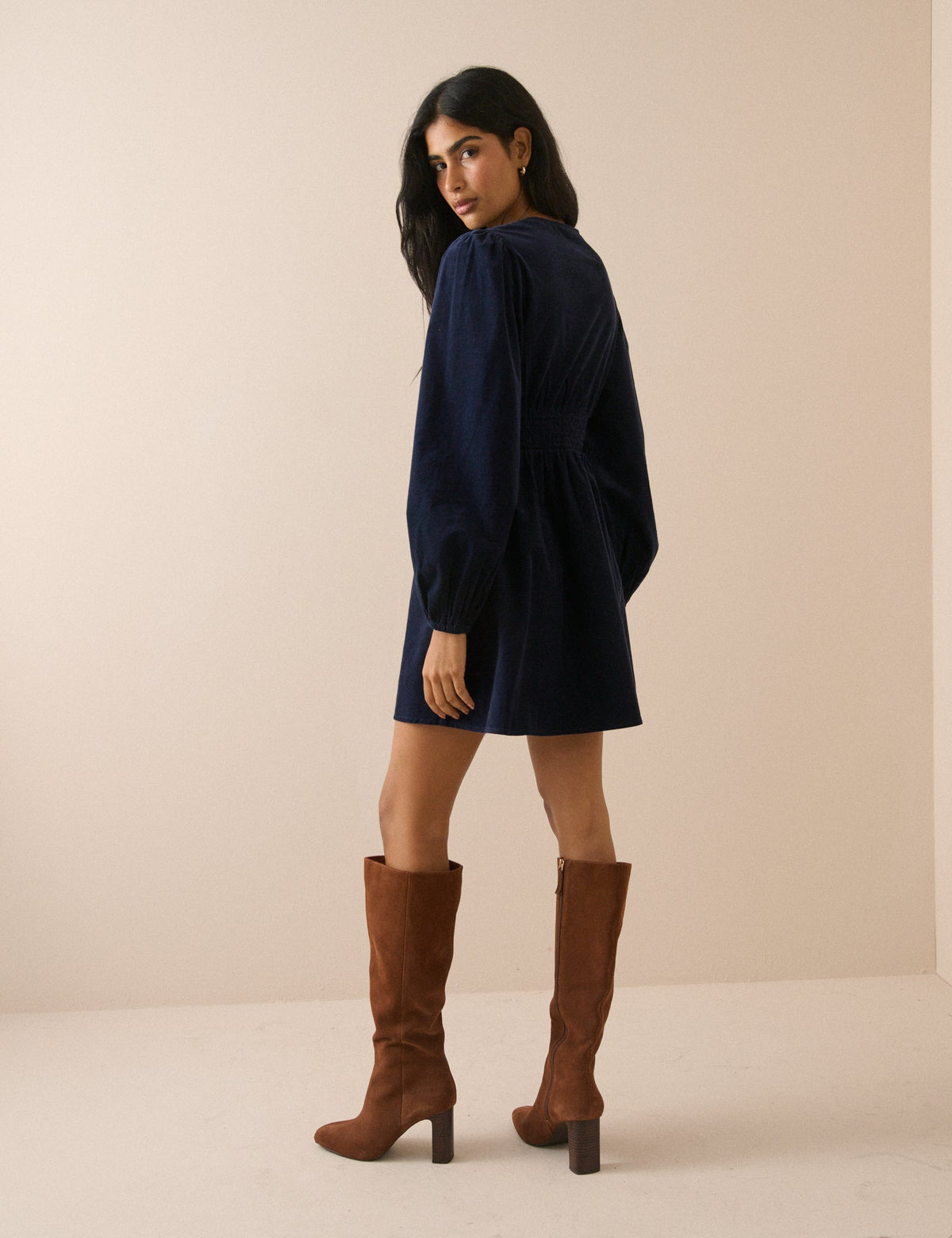 Navy Balloon Sleeve Riley Cord Mini Dress