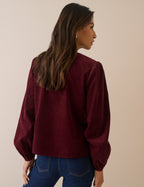 Burgundy Floral Embroidered Collar Cord Blouse