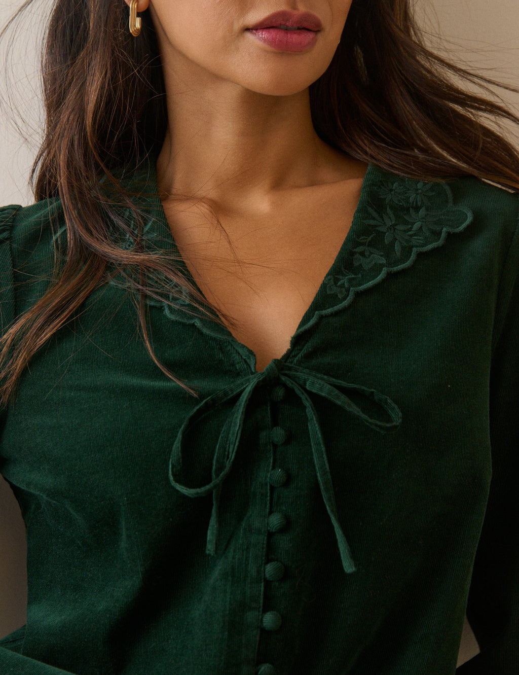 Forest Green Floral Embroidered Collar Cord Blouse