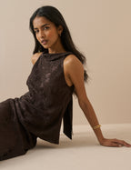 Chocolate Brown Jacquard Floral Satin Leila Top