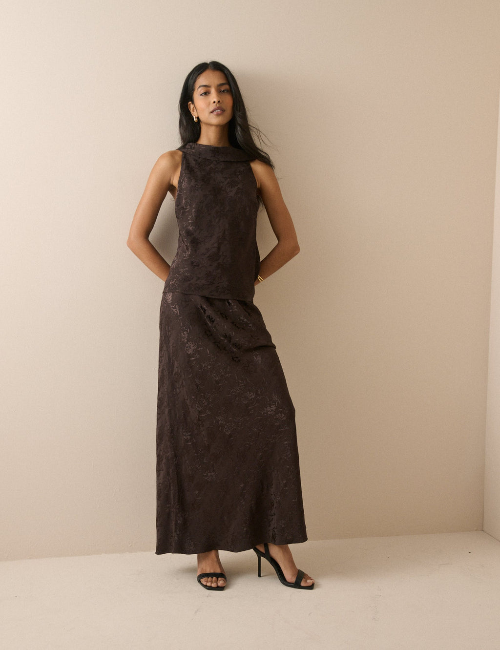 Chocolate Brown Jacquard Floral Satin Leila Top