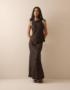 Chocolate Brown Jacquard Floral Satin Leila Slip Skirt