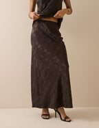 Chocolate Brown Jacquard Floral Satin Leila Slip Skirt