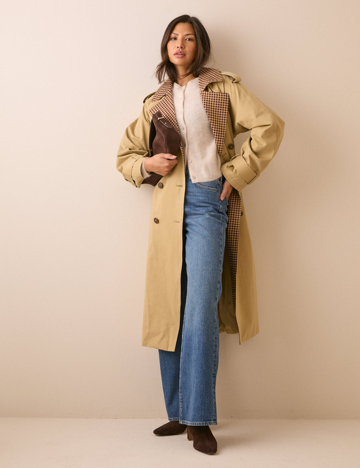Camel Gingham Trim Trench Coat