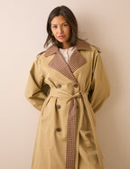 Camel Gingham Trim Trench Coat
