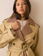 Camel Gingham Trim Trench Coat
