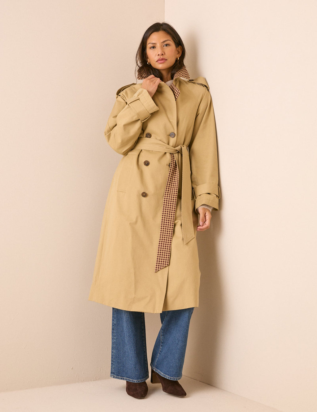 Camel Gingham Trim Trench Coat