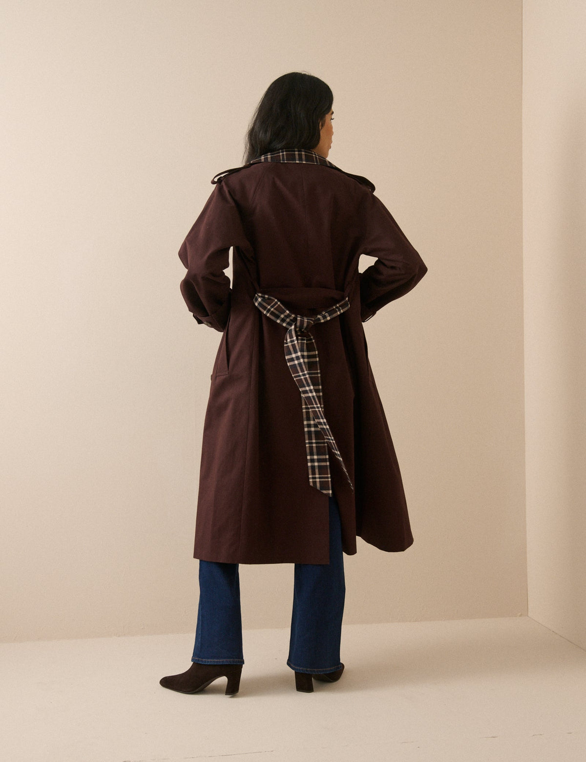 Chocolate Brown Tartan Trim Trench Coat