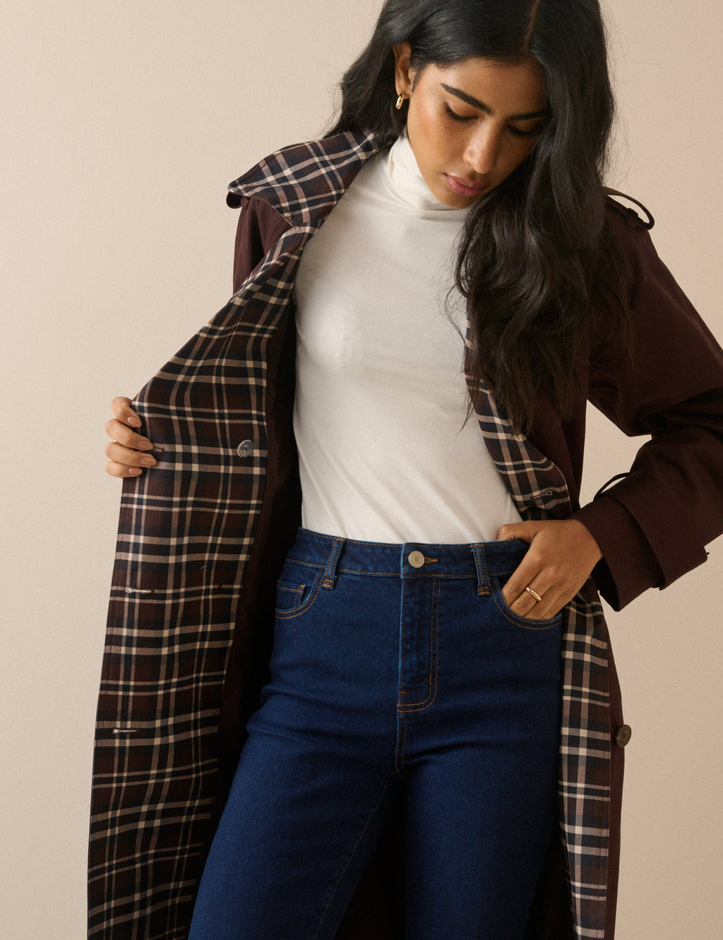 Chocolate Brown Tartan Trim Trench Coat