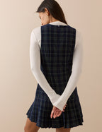 Blue Tartan Cord Pleated Elma Mini Dress